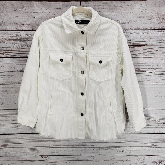 Zara Women's Off White Corduroy Pockets Raw Hem Oversized Jacket Size XS - Picture 1 of 16